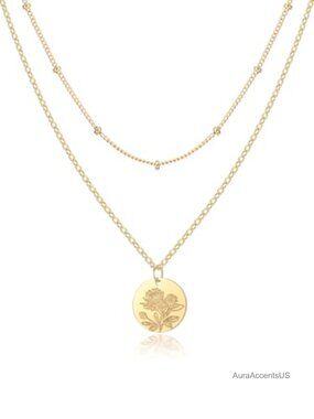14K Gold Plated Birth Flower Necklace Layered Pendant Set